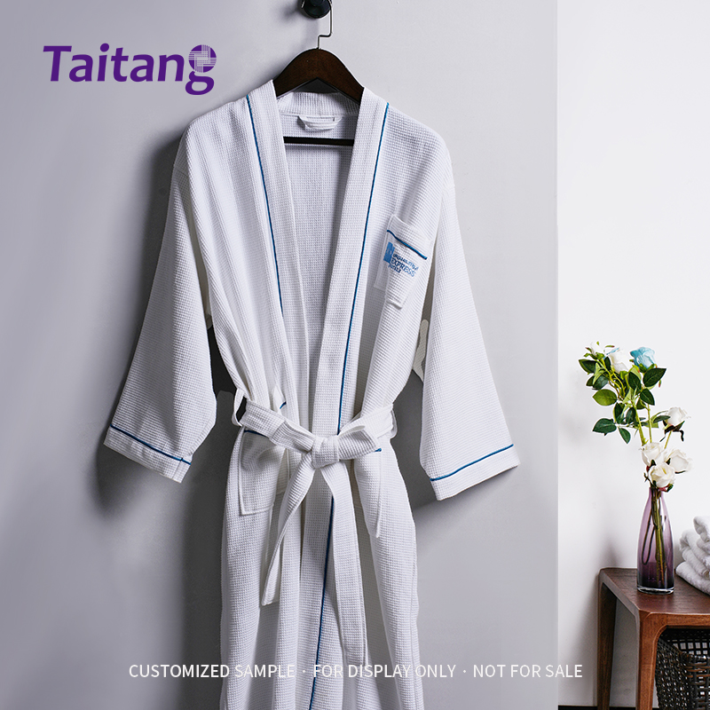 小华夫格和服领捆蓝色牙条浴袍
