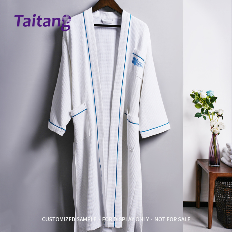 小华夫格和服领捆蓝色牙条浴袍